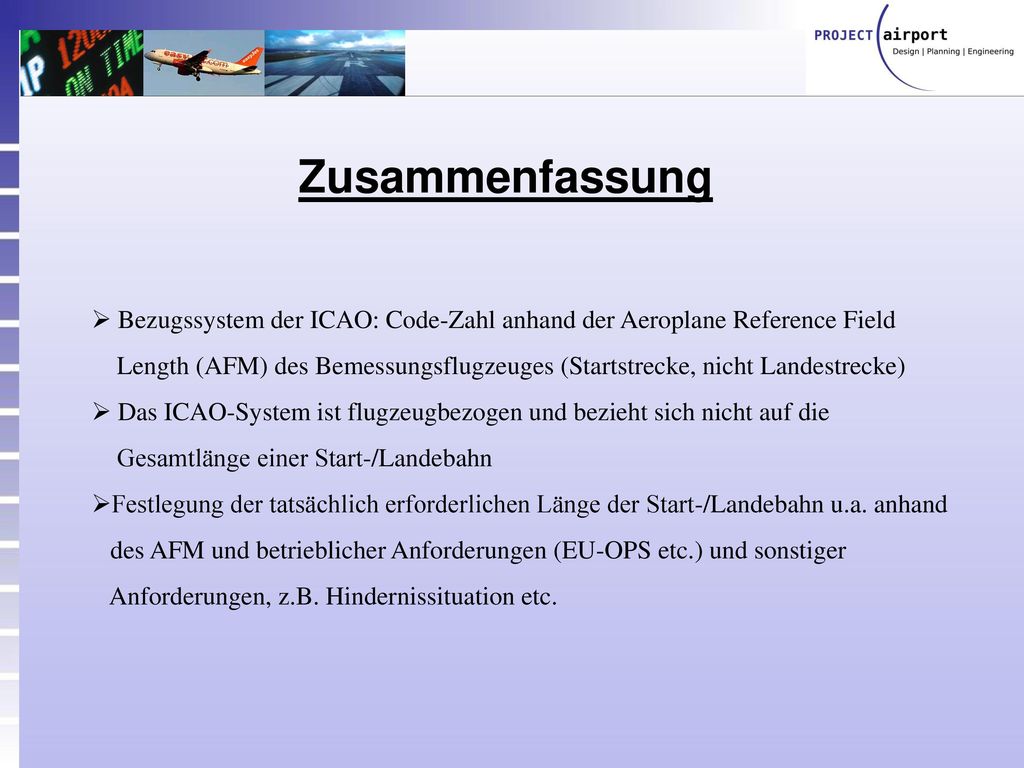 Zusammenfassung Bezugssystem der ICAO: Code-Zahl anhand der Aeroplane Reference Field.