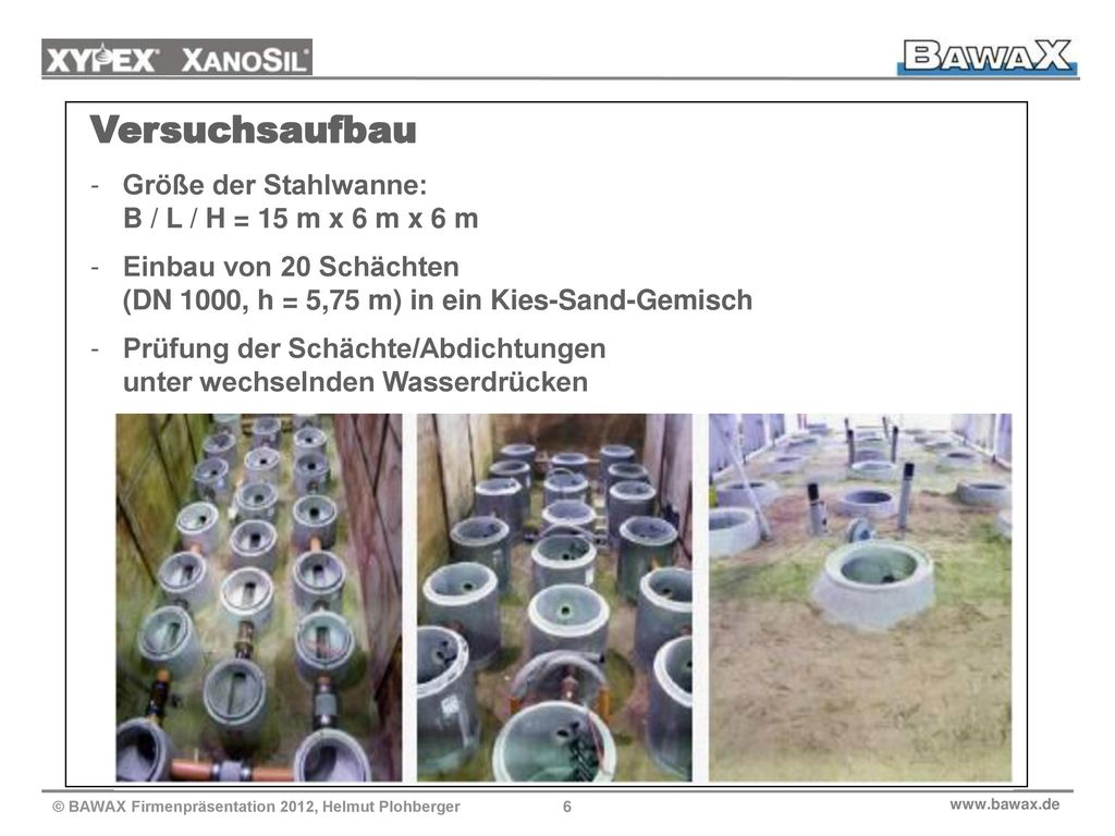 Versuchsaufbau Größe der Stahlwanne: B / L / H = 15 m x 6 m x 6 m