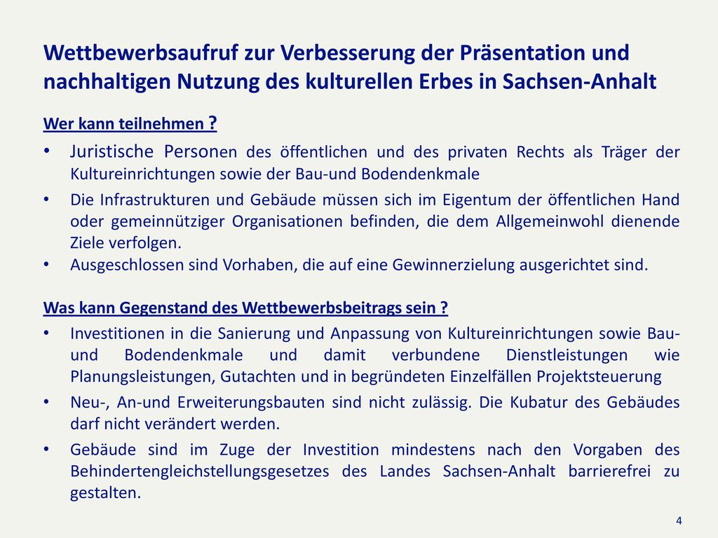 Wettbewerbsaufruf zur Verbesserung der Präsentation und nachhaltigen Nutzung des kulturellen Erbes in Sachsen-Anhalt