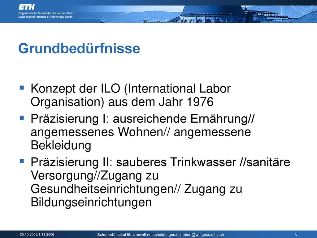 Grundbedürfnisse Konzept der ILO (International Labor Organisation) aus dem Jahr