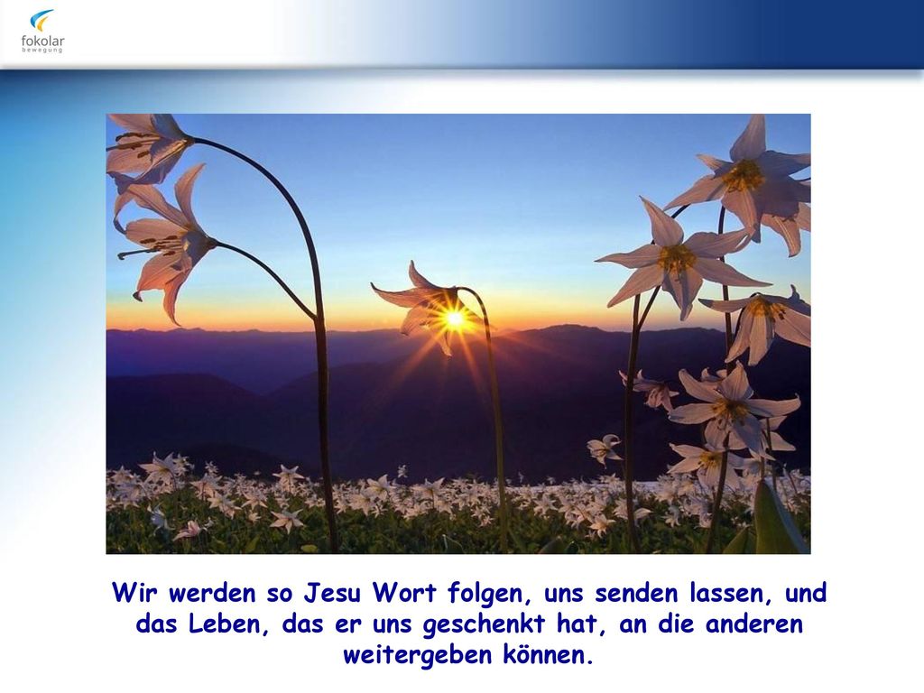 Wir werden so Jesu Wort folgen, uns senden lassen, und das Leben, das er uns geschenkt hat, an die anderen weitergeben können.