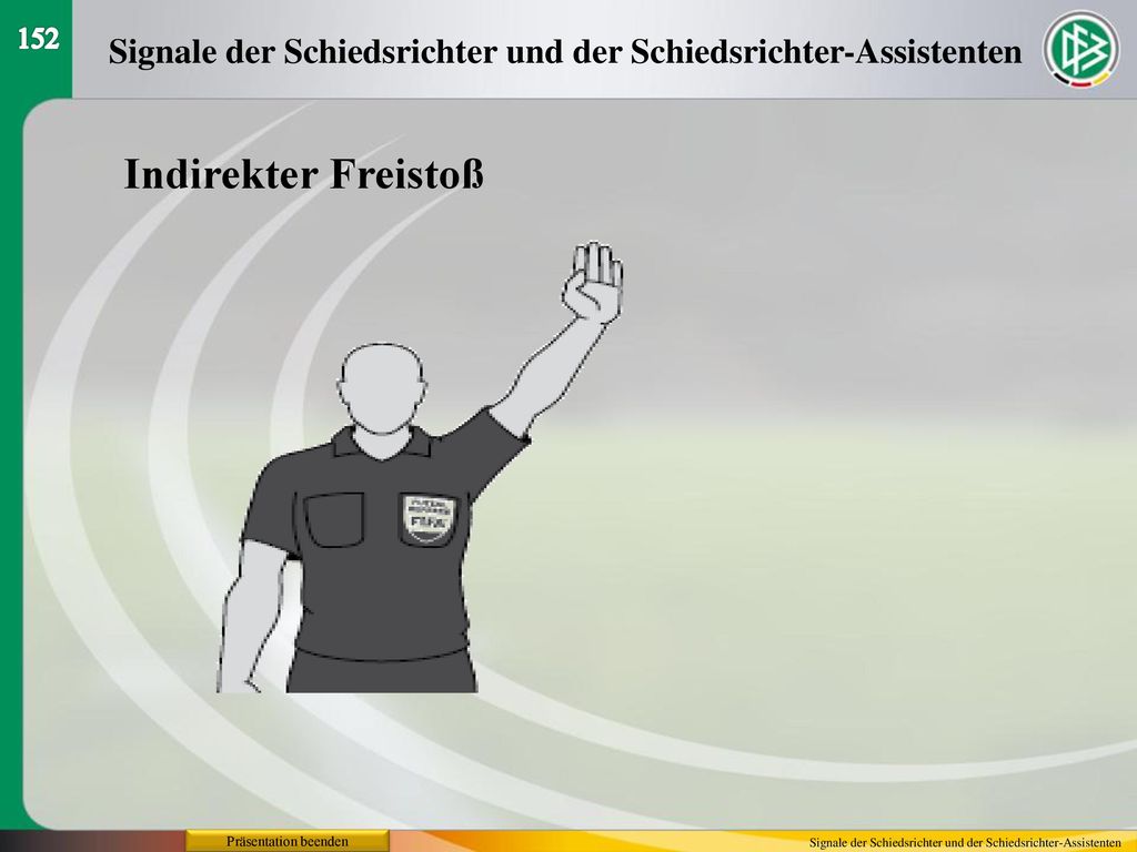 152 Signale der Schiedsrichter und der Schiedsrichter-Assistenten. Indirekter Freistoß. Präsentation beenden.