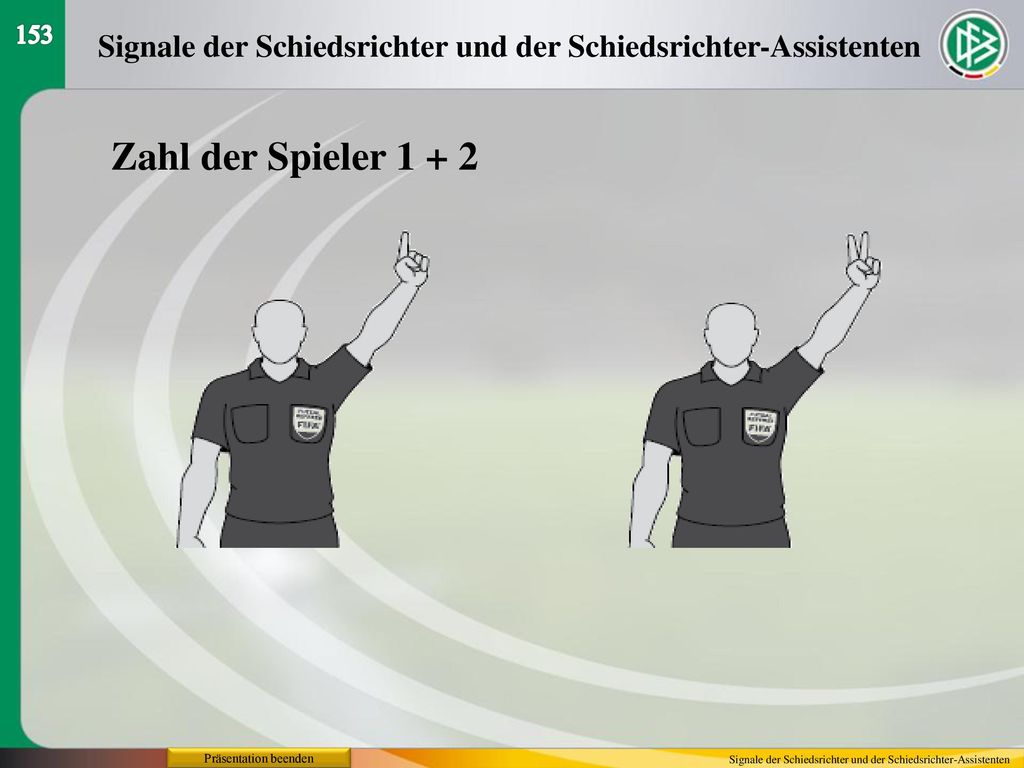 153 Signale der Schiedsrichter und der Schiedsrichter-Assistenten. Zahl der Spieler Präsentation beenden.