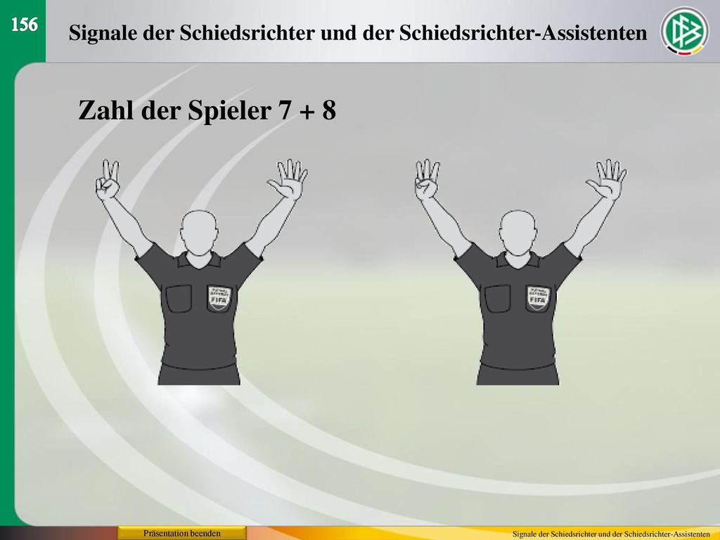 156 Signale der Schiedsrichter und der Schiedsrichter-Assistenten. Zahl der Spieler Präsentation beenden.
