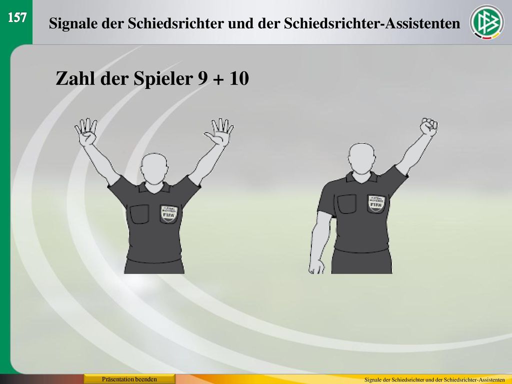 157 Signale der Schiedsrichter und der Schiedsrichter-Assistenten. Zahl der Spieler Präsentation beenden.