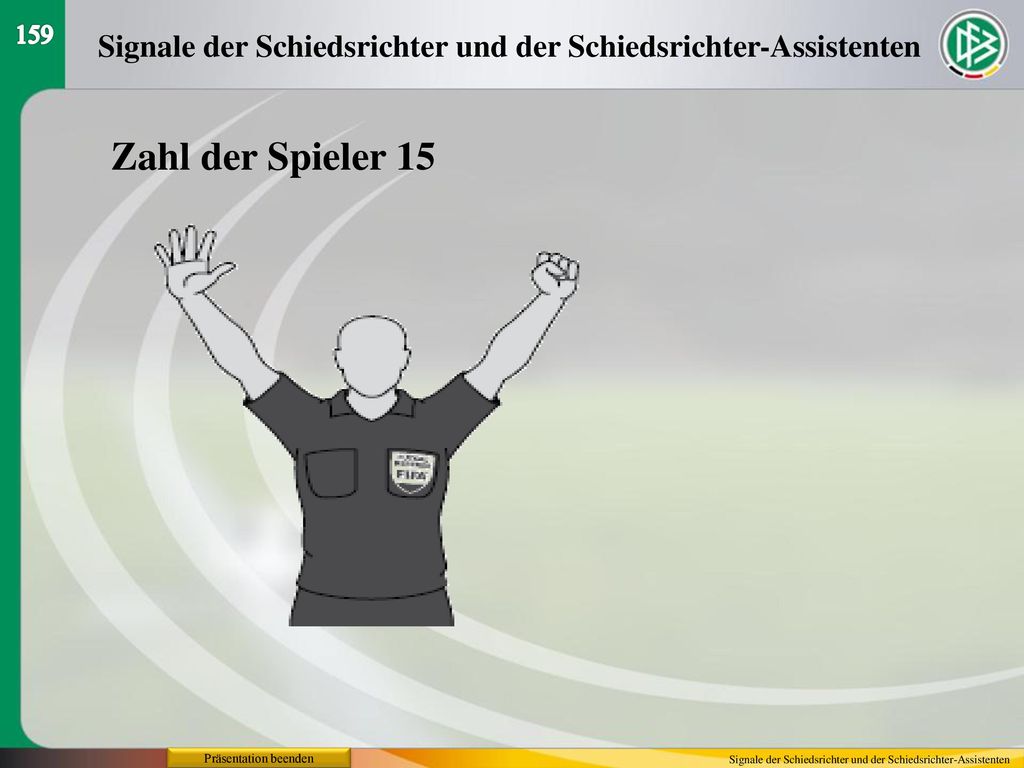 159 Signale der Schiedsrichter und der Schiedsrichter-Assistenten. Zahl der Spieler 15. Präsentation beenden.