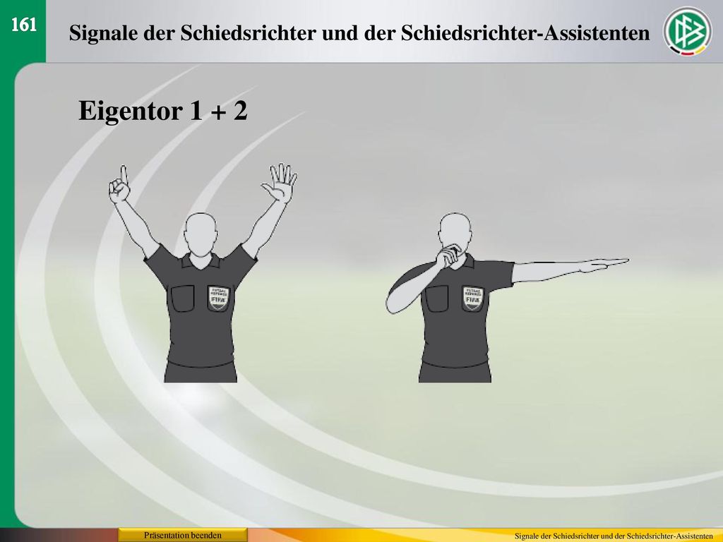 161 Signale der Schiedsrichter und der Schiedsrichter-Assistenten. Eigentor Präsentation beenden.