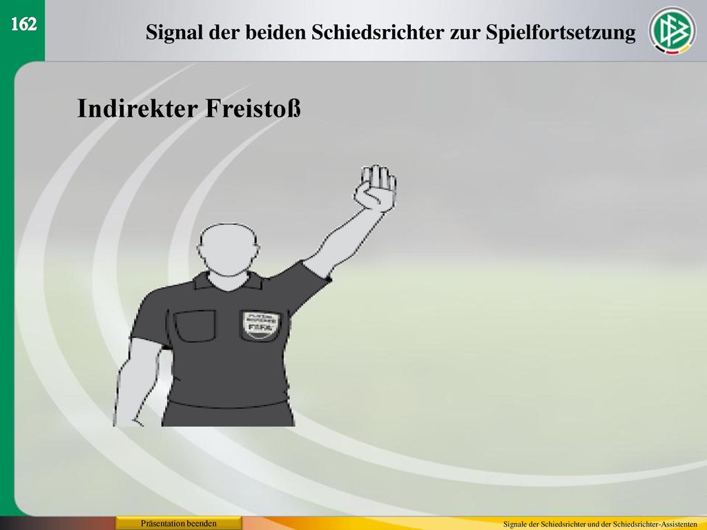 162 Signal der beiden Schiedsrichter zur Spielfortsetzung. Indirekter Freistoß. Präsentation beenden.