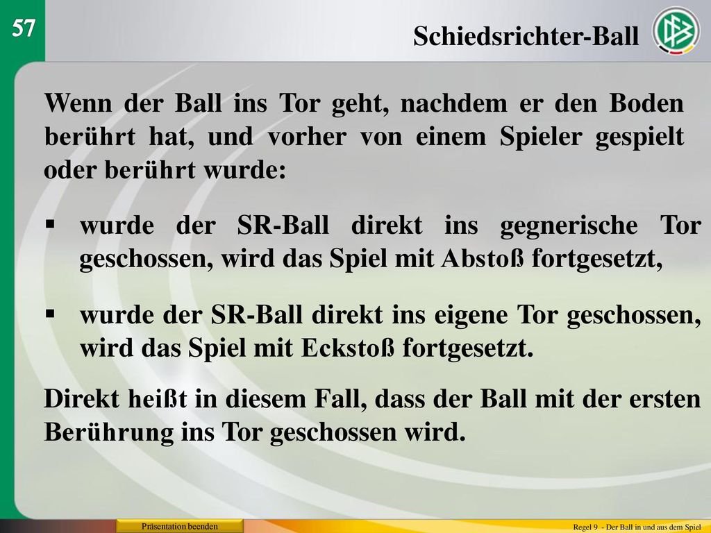 57 Schiedsrichter-Ball. Wenn der Ball ins Tor geht, nachdem er den Boden berührt hat, und vorher von einem Spieler gespielt oder berührt wurde: