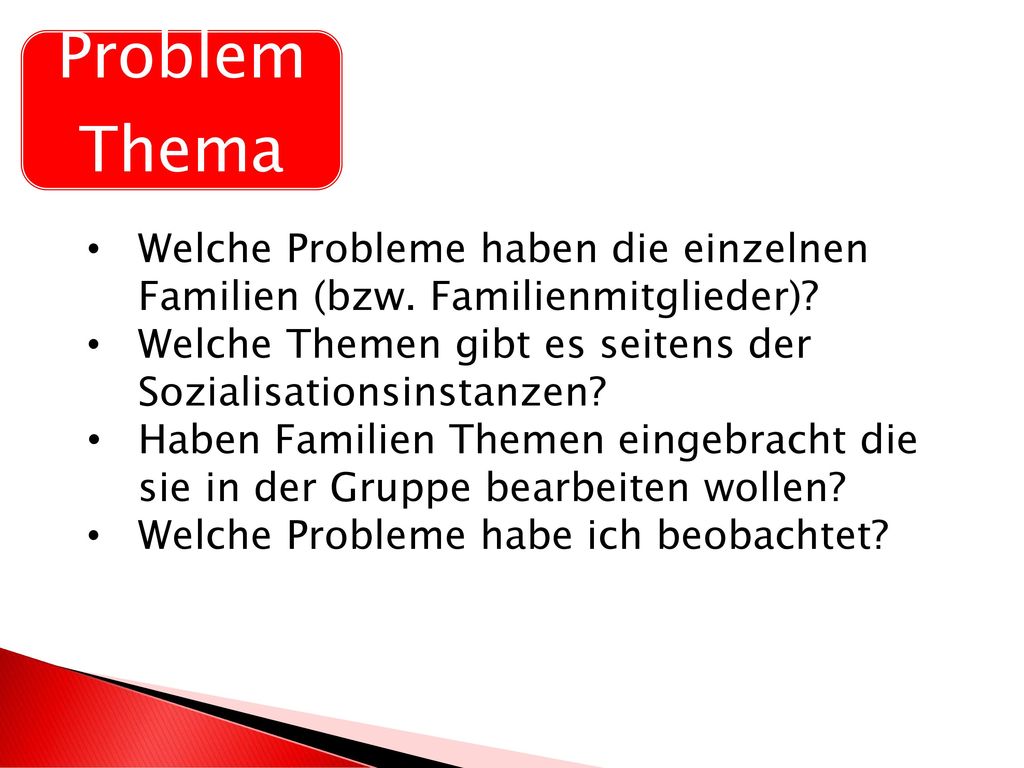 Problem Thema. Welche Probleme haben die einzelnen Familien (bzw. Familienmitglieder) Welche Themen gibt es seitens der Sozialisationsinstanzen