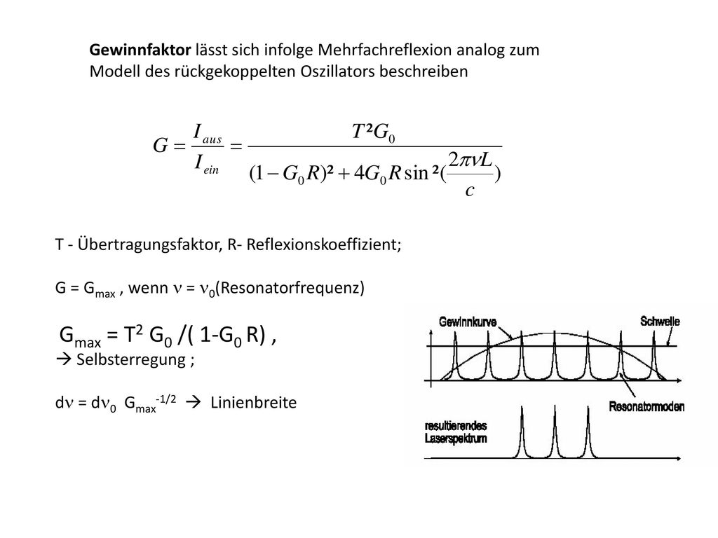 Gewinnfaktor lässt sich infolge Mehrfachreflexion analog zum Modell des rückgekoppelten Oszillators beschreiben