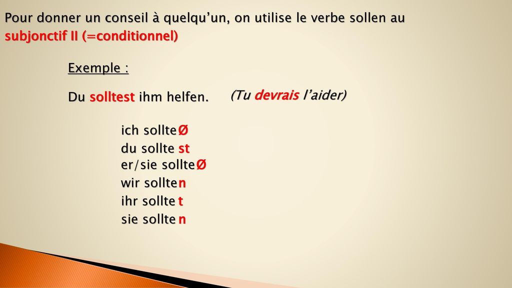 Pour donner un conseil à quelqu’un, on utilise le verbe sollen au
