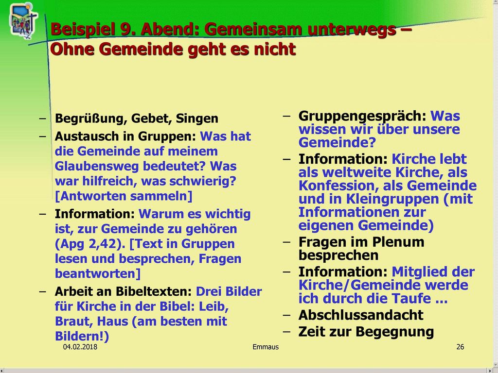 Beispiel 9. Abend: Gemeinsam unterwegs – Ohne Gemeinde geht es nicht