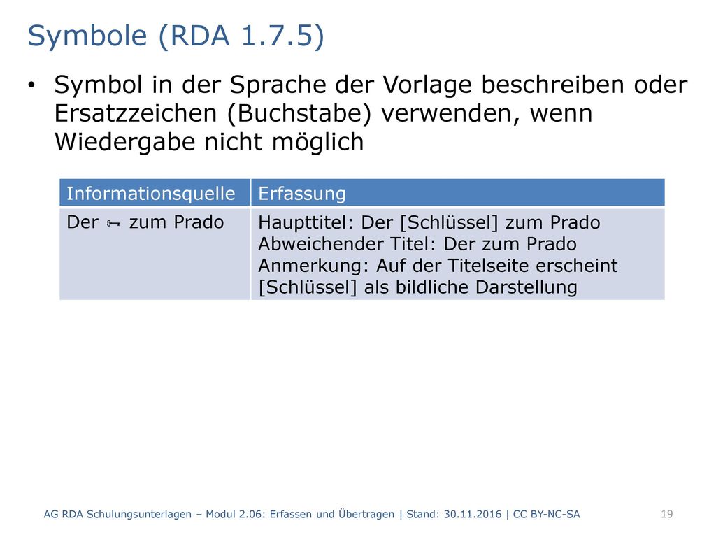 Symbole (RDA 1.7.5) Symbol in der Sprache der Vorlage beschreiben oder Ersatzzeichen (Buchstabe) verwenden, wenn Wiedergabe nicht möglich.