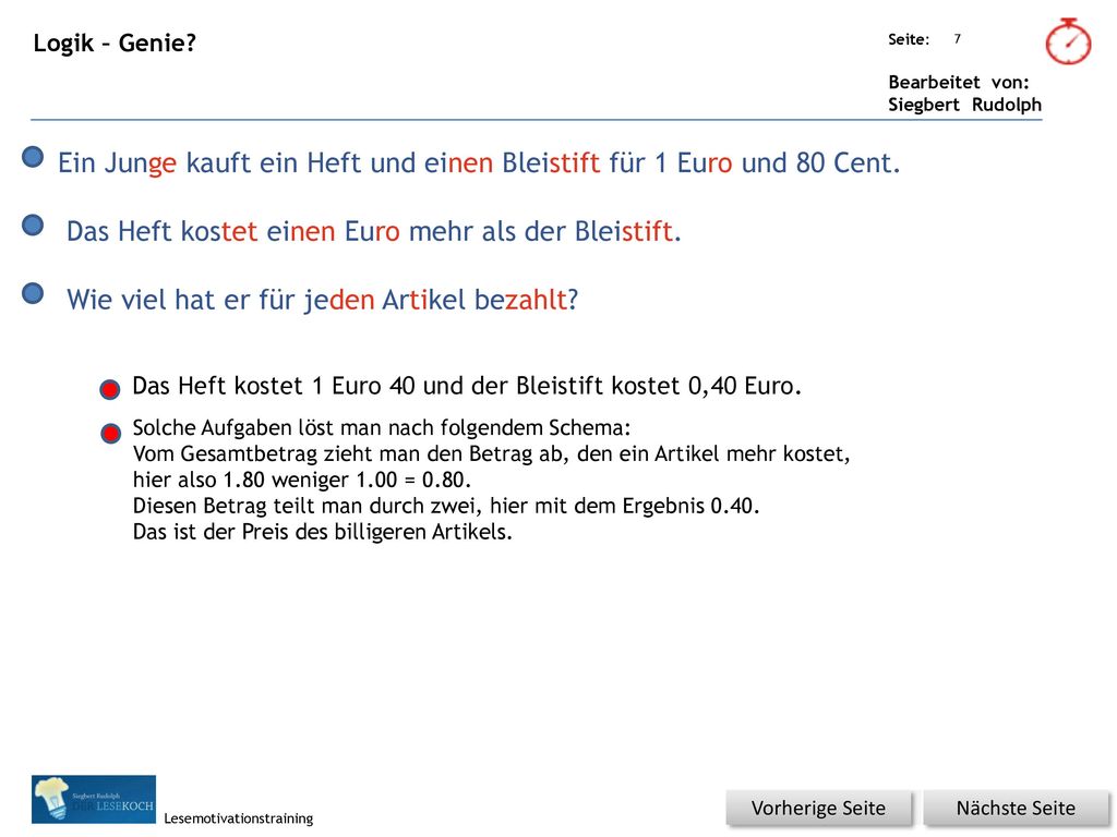 Ein Junge kauft ein Heft und einen Bleistift für 1 Euro und 80 Cent.