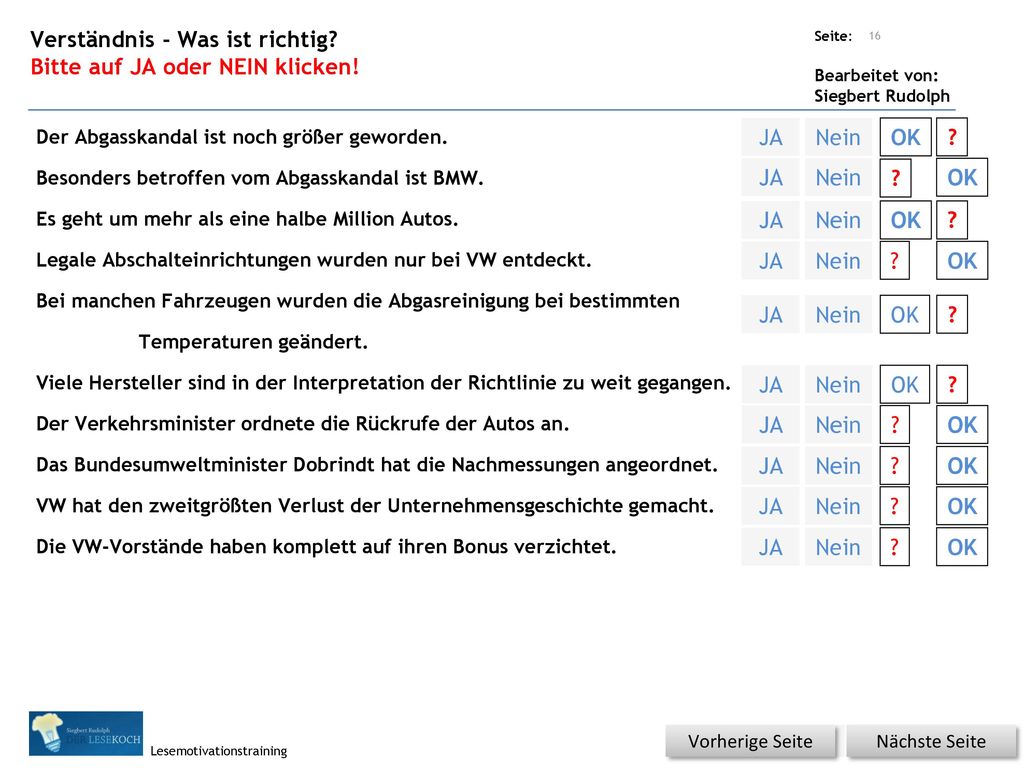Verständnis - Was ist richtig Bitte auf JA oder NEIN klicken!