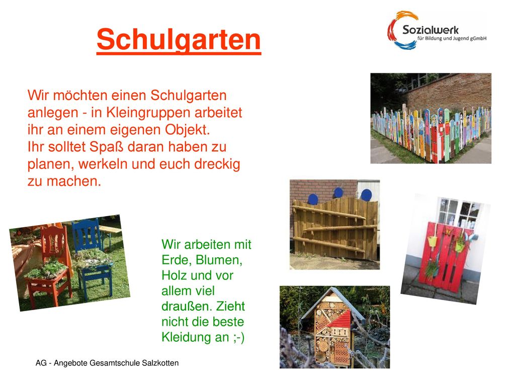 Schulgarten Wir möchten einen Schulgarten anlegen - in Kleingruppen arbeitet ihr an einem eigenen Objekt.