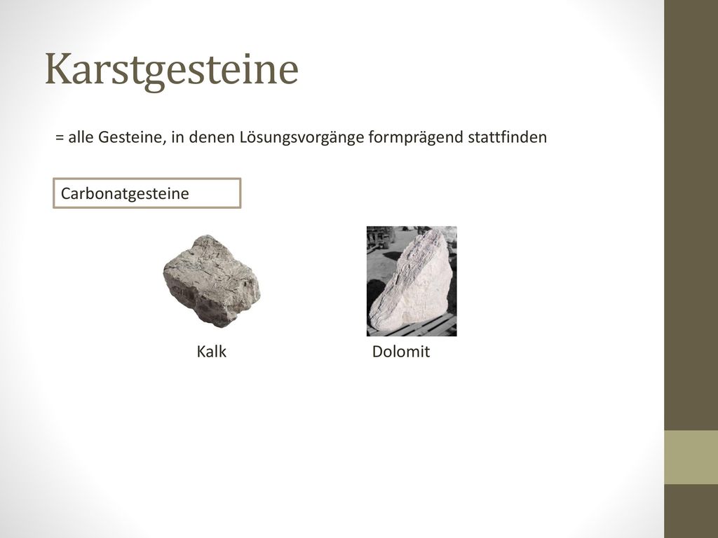 Karstgesteine = alle Gesteine, in denen Lösungsvorgänge formprägend stattfinden. Carbonatgesteine.