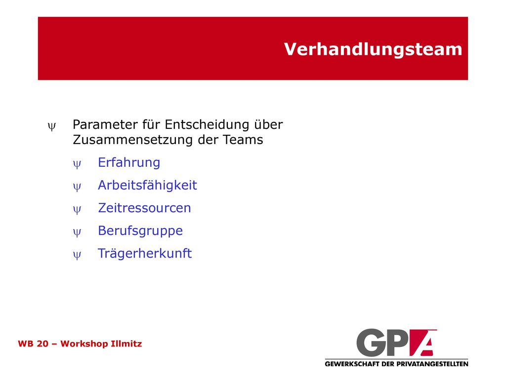 Verhandlungsteam Parameter für Entscheidung über Zusammensetzung der Teams. Erfahrung. Arbeitsfähigkeit.