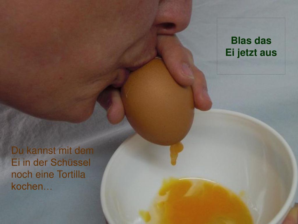 Blas das Ei jetzt aus Du kannst mit dem Ei in der Schüssel noch eine Tortilla kochen…