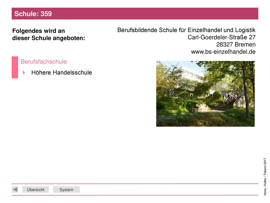 Schule: 359 Berufsbildende Schule für Einzelhandel und Logistik Carl-Goerdeler-Straße Bremen