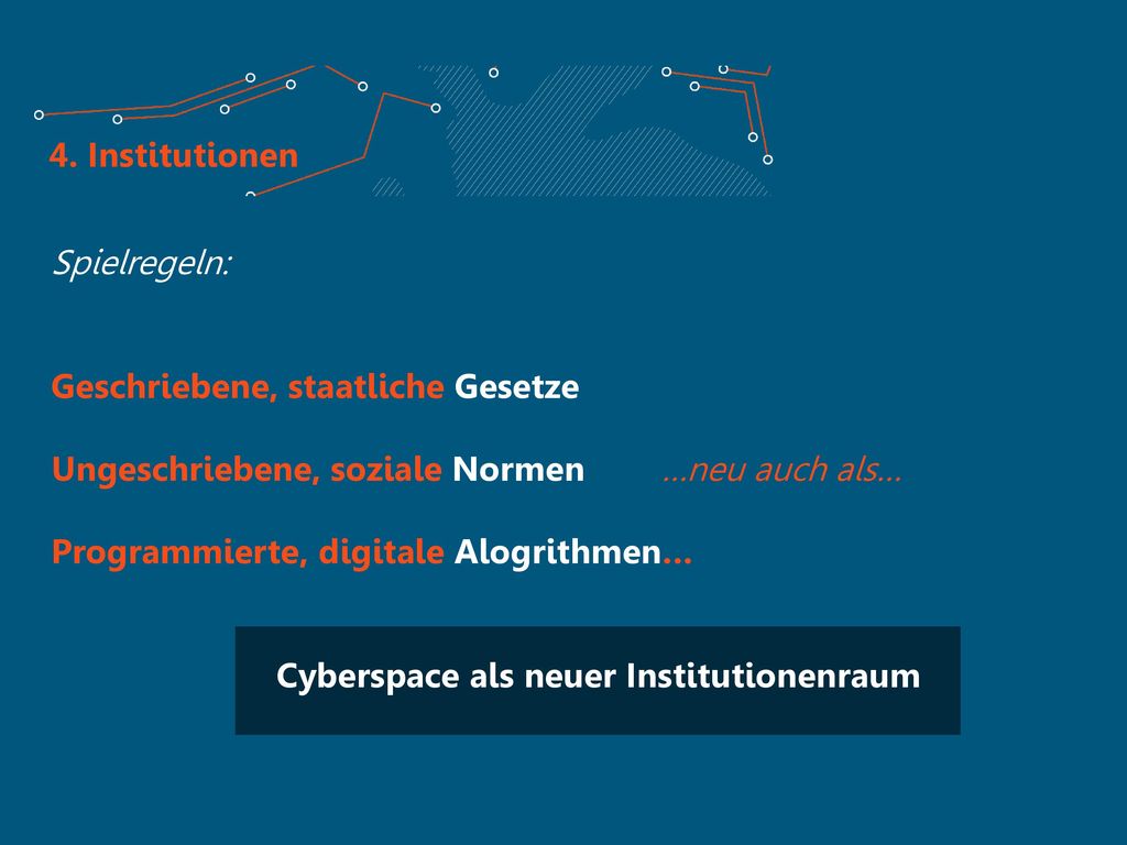 4. Institutionen Spielregeln: Geschriebene, staatliche Gesetze. Ungeschriebene, soziale Normen …neu auch als…