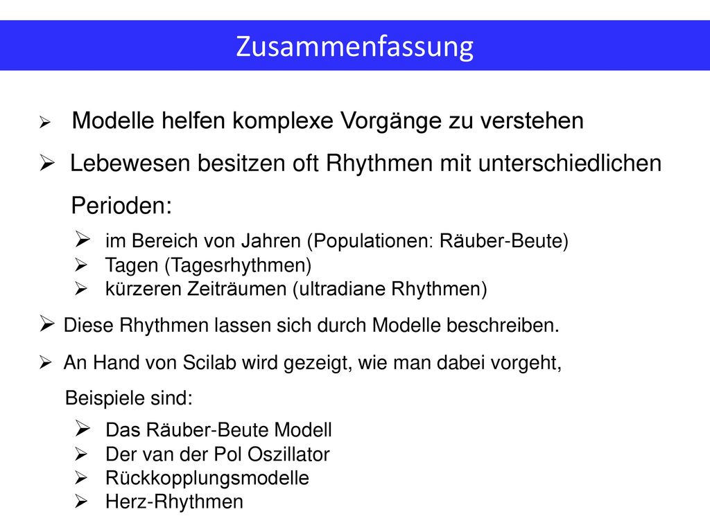 Zusammenfassung Modelle helfen komplexe Vorgänge zu verstehen. Lebewesen besitzen oft Rhythmen mit unterschiedlichen Perioden: