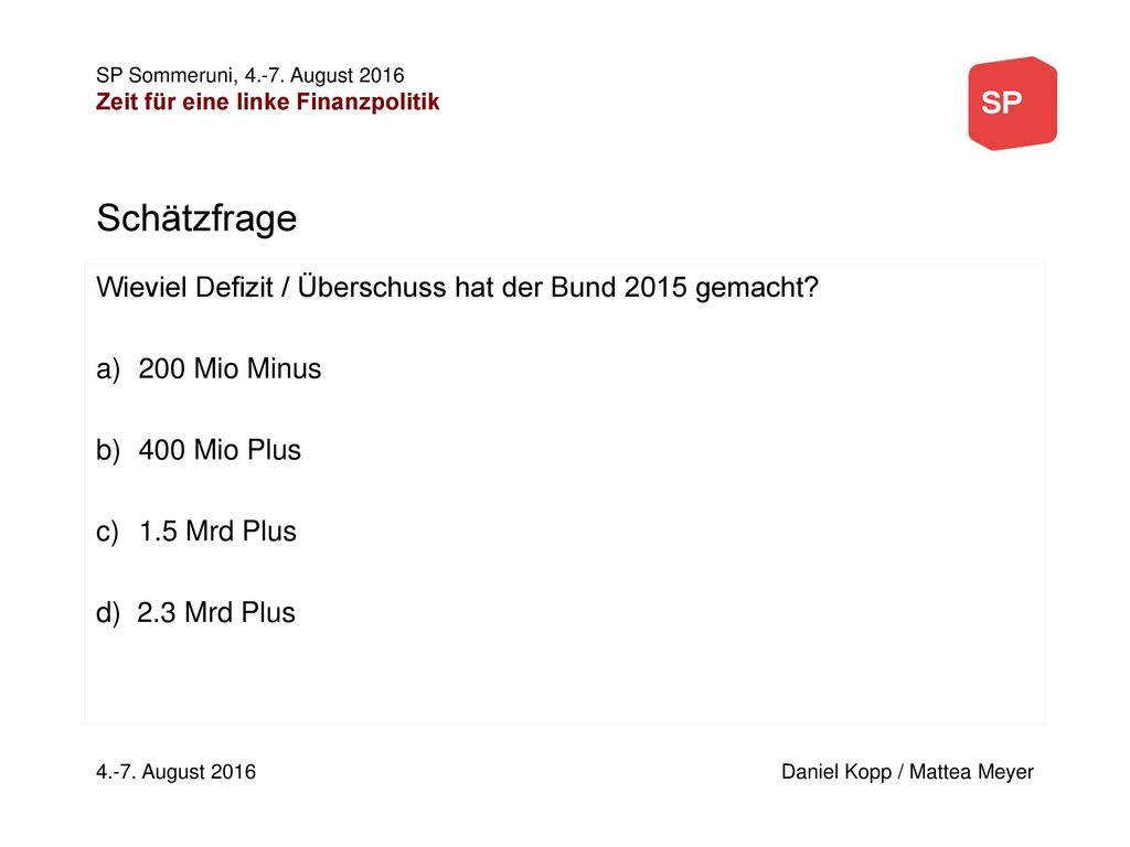 Schätzfrage Wieviel Defizit / Überschuss hat der Bund 2015 gemacht