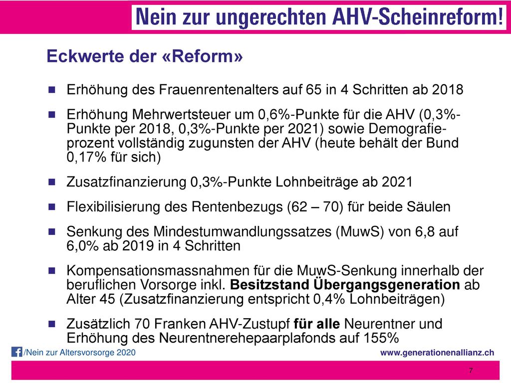Eckwerte der «Reform» Erhöhung des Frauenrentenalters auf 65 in 4 Schritten ab