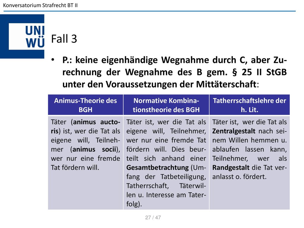 Fall 3 P.: keine eigenhändige Wegnahme durch C, aber Zu-rechnung der Wegnahme des B gem. § 25 II StGB unter den Voraussetzungen der Mittäterschaft: