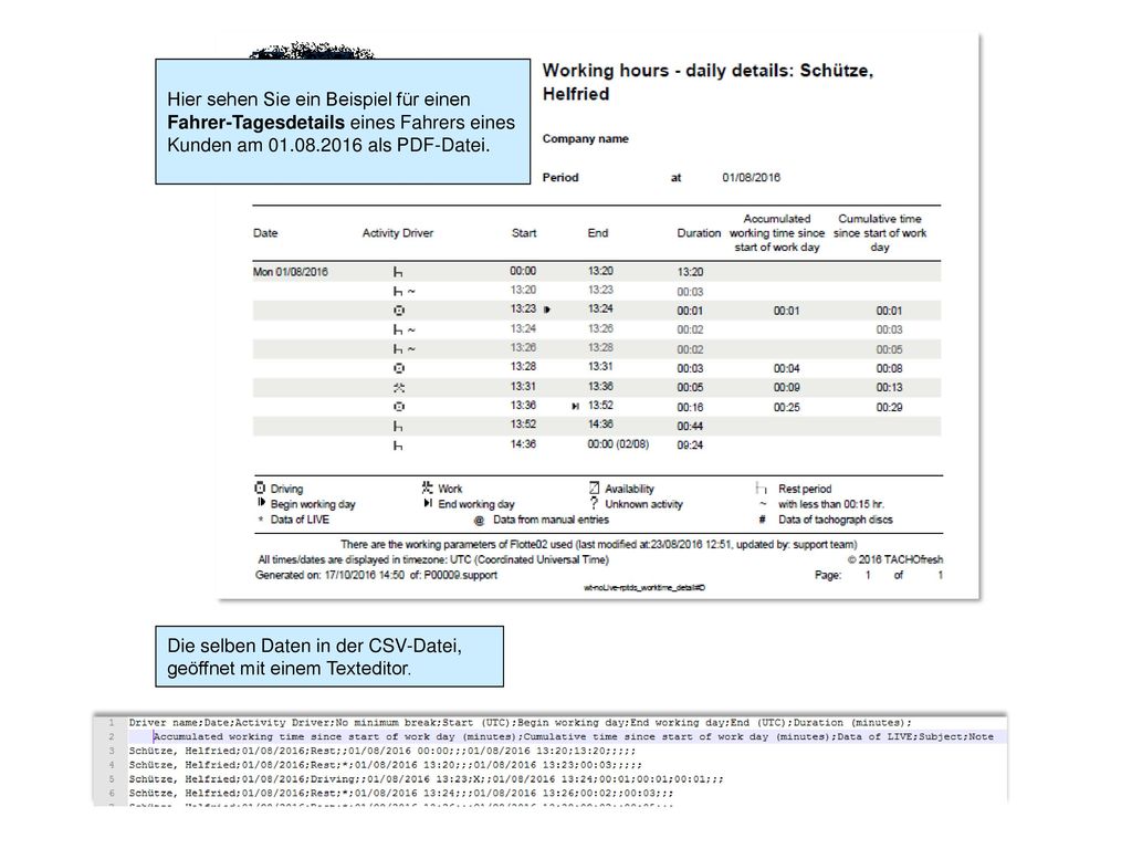 Hier sehen Sie ein Beispiel für einen Fahrer-Tagesdetails eines Fahrers eines Kunden am als PDF-Datei.