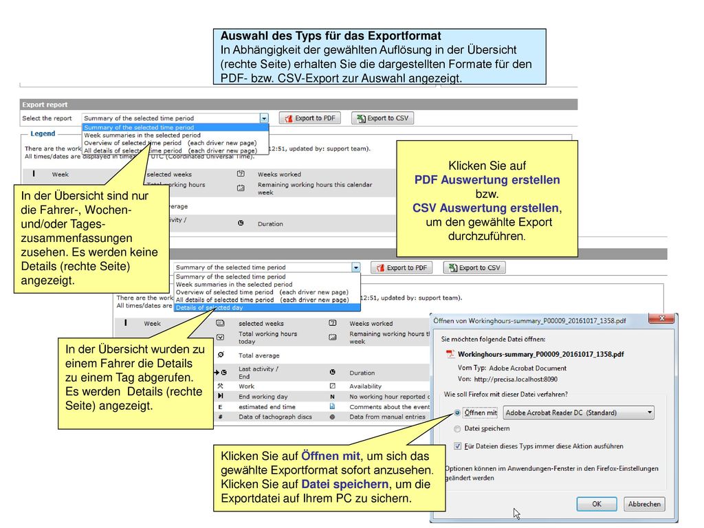Auswahl des Typs für das Exportformat