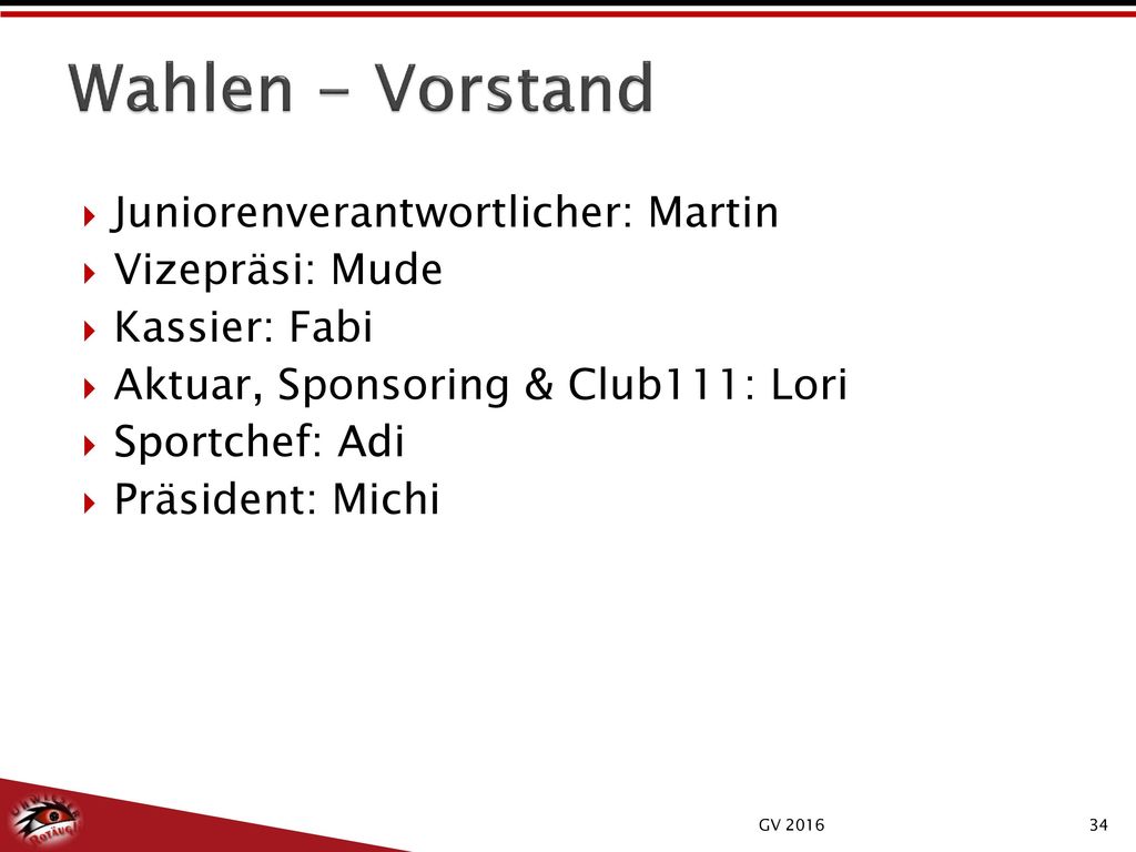 Wahlen - Vorstand Juniorenverantwortlicher: Martin Vizepräsi: Mude