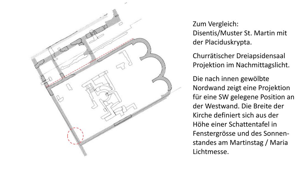 Zum Vergleich: Disentis/Muster St. Martin mit. der Placiduskrypta. Churrätischer Dreiapsidensaal Projektion im Nachmittagslicht.