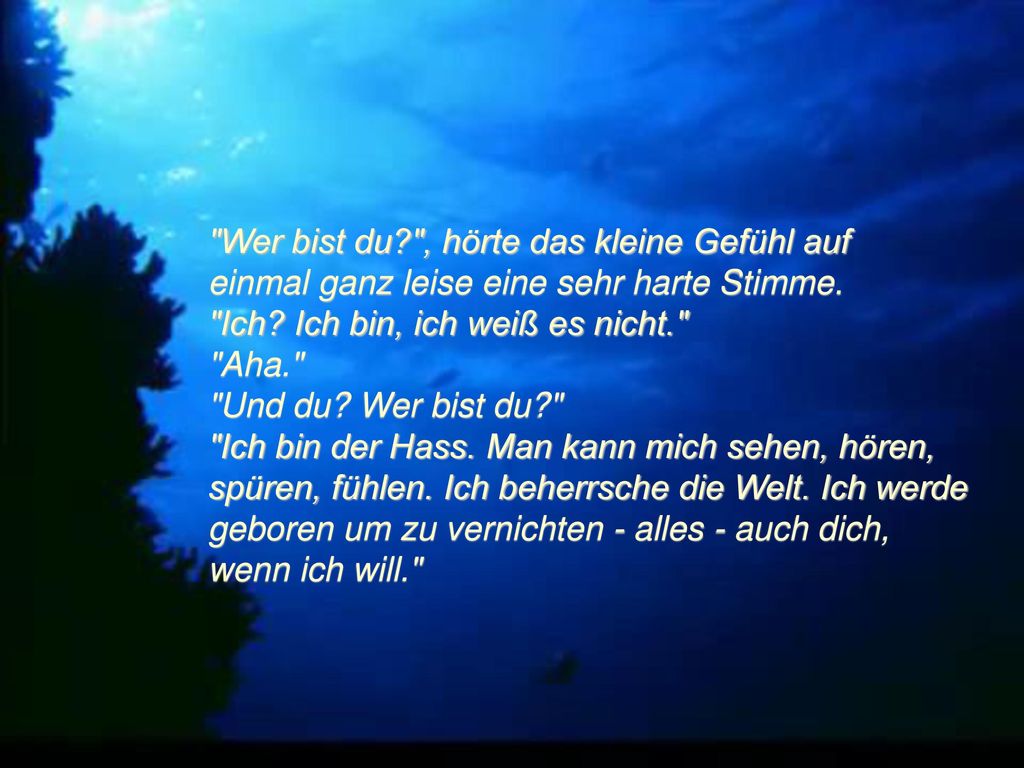 Wer bist du , hörte das kleine Gefühl auf einmal ganz leise eine sehr harte Stimme.