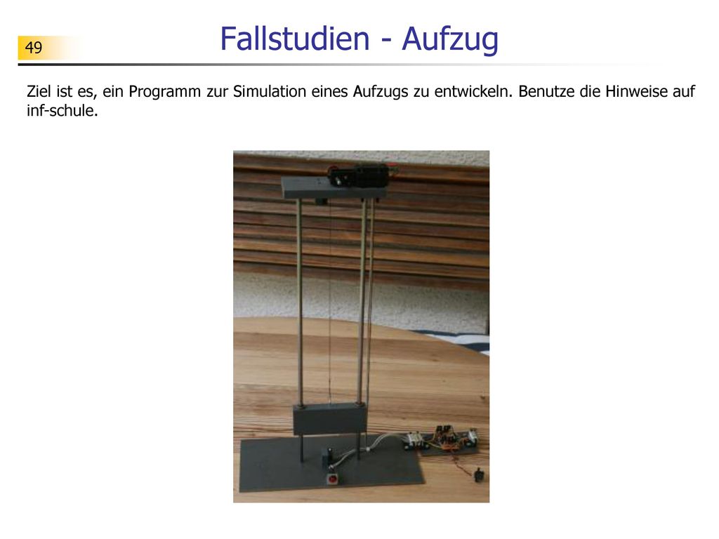 Fallstudien - Aufzug Ziel ist es, ein Programm zur Simulation eines Aufzugs zu entwickeln.