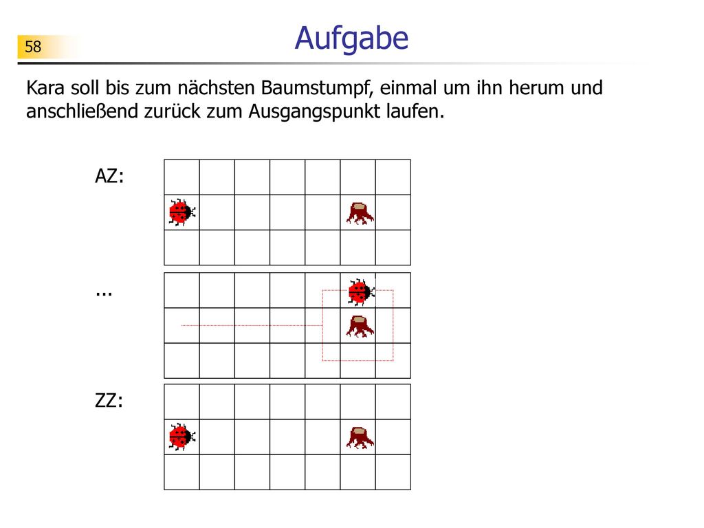 Aufgabe Kara soll bis zum nächsten Baumstumpf, einmal um ihn herum und anschließend zurück zum Ausgangspunkt laufen.