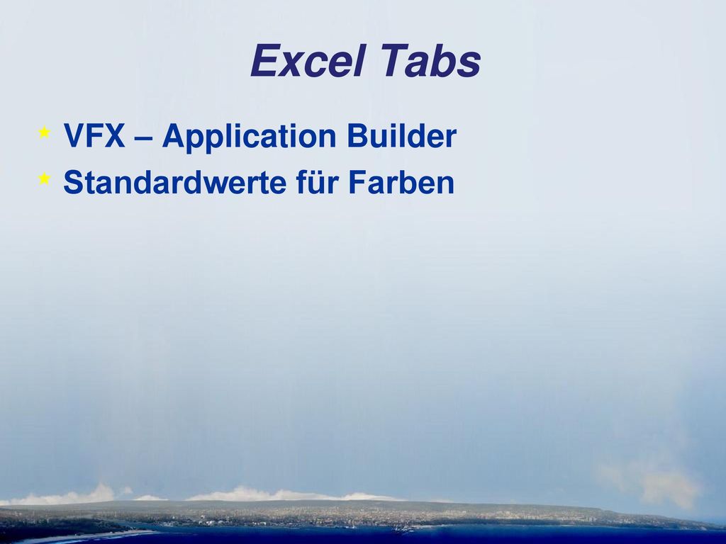 Excel Tabs VFX – Application Builder Standardwerte für Farben
