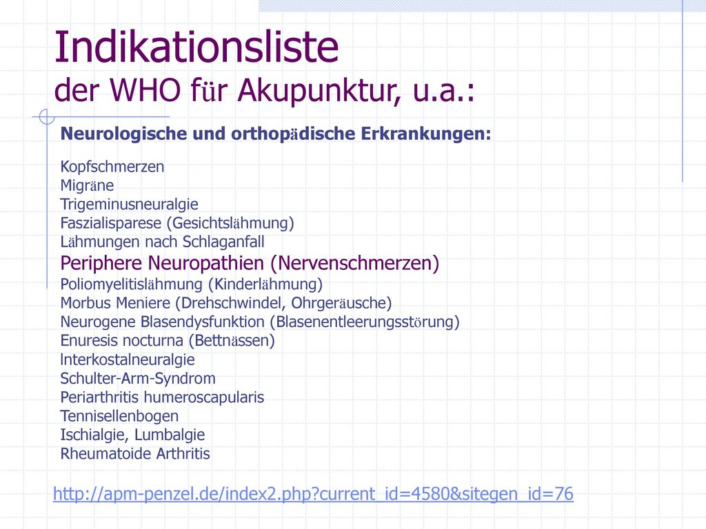 Indikationsliste der WHO für Akupunktur, u.a.: