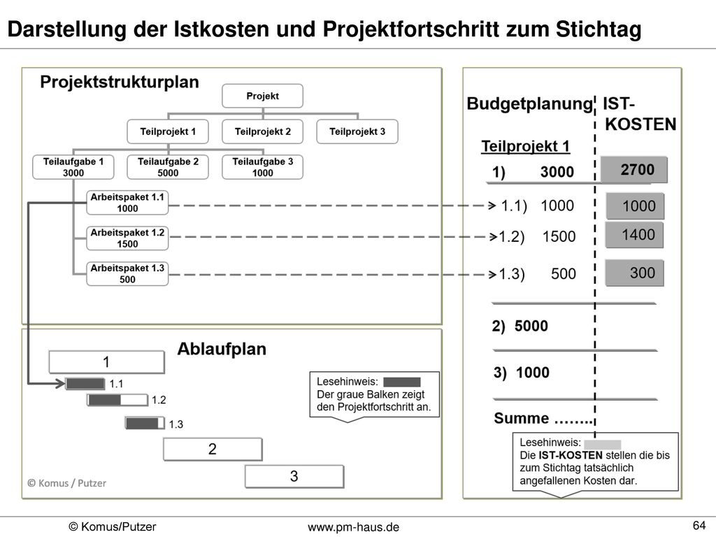 Darstellung der Istkosten und Projektfortschritt zum Stichtag