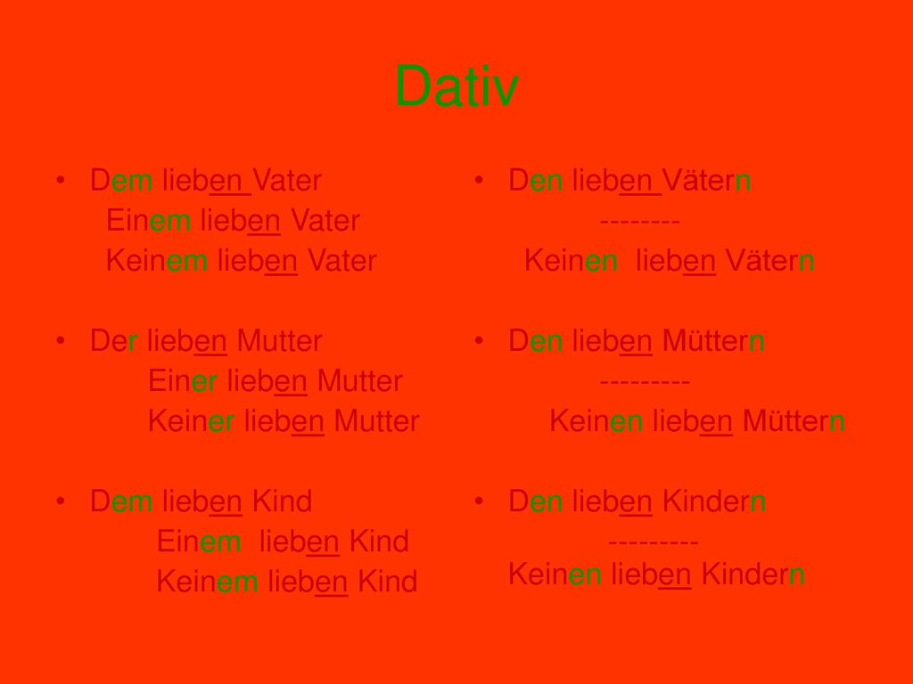 Dativ Dem lieben Vater Einem lieben Vater Keinem lieben Vater