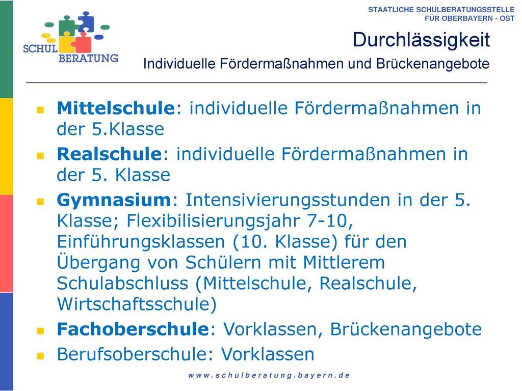 Übertrittsberatung Durchlässigkeit. Individuelle Fördermaßnahmen und Brückenangebote. Mittelschule: individuelle Fördermaßnahmen in der 5.Klasse.