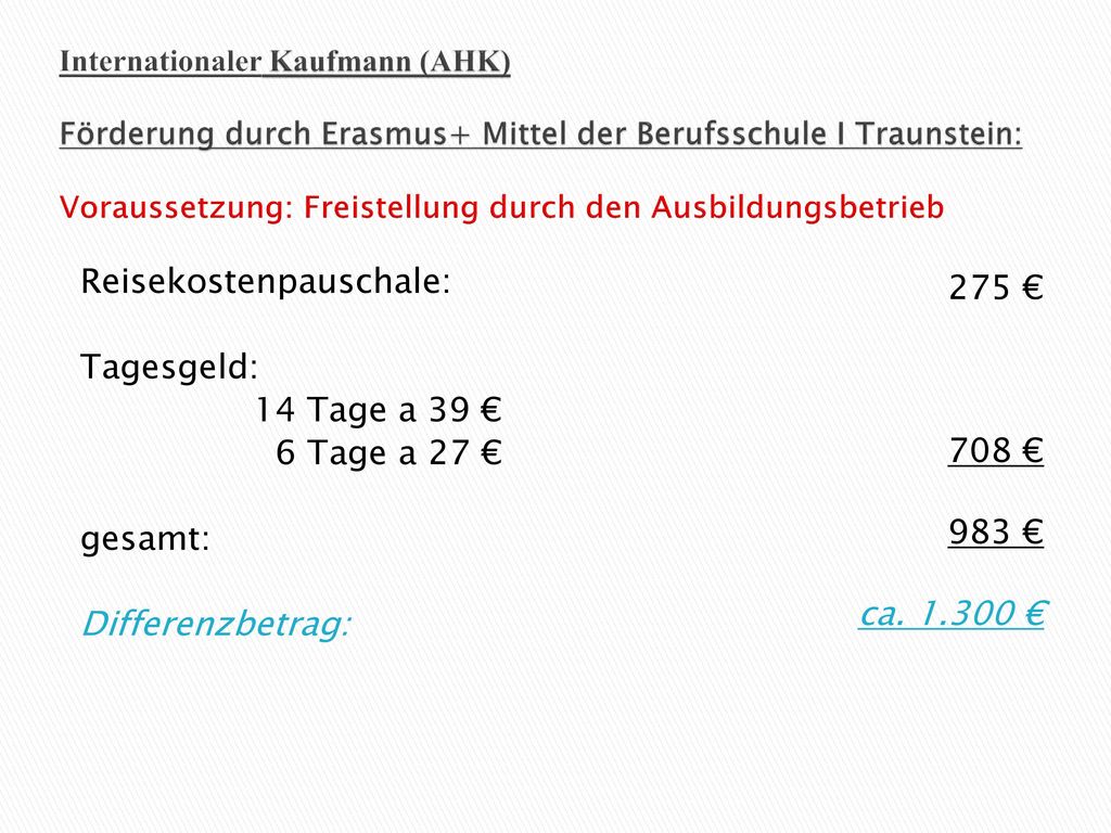 Internationaler Kaufmann (AHK) Förderung durch Erasmus+ Mittel der Berufsschule I Traunstein: Voraussetzung: Freistellung durch den Ausbildungsbetrieb