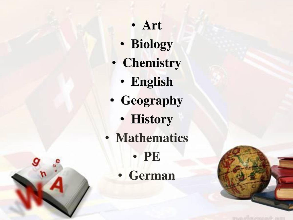Art Biology Chemistry English Geography History Mathematics PE German