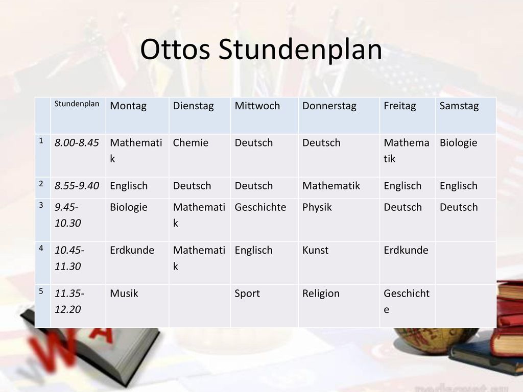 Ottos Stundenplan Montag Dienstag Mittwoch Donnerstag Freitag Samstag