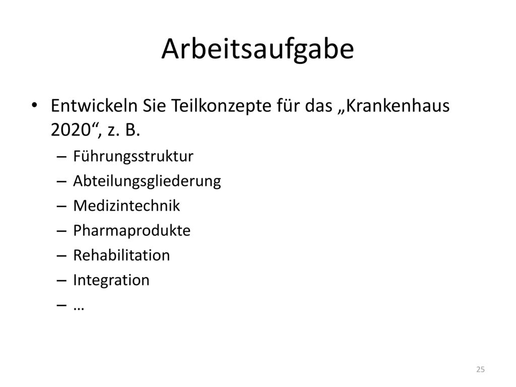 Arbeitsaufgabe Entwickeln Sie Teilkonzepte für das „Krankenhaus 2020 , z. B. Führungsstruktur. Abteilungsgliederung.