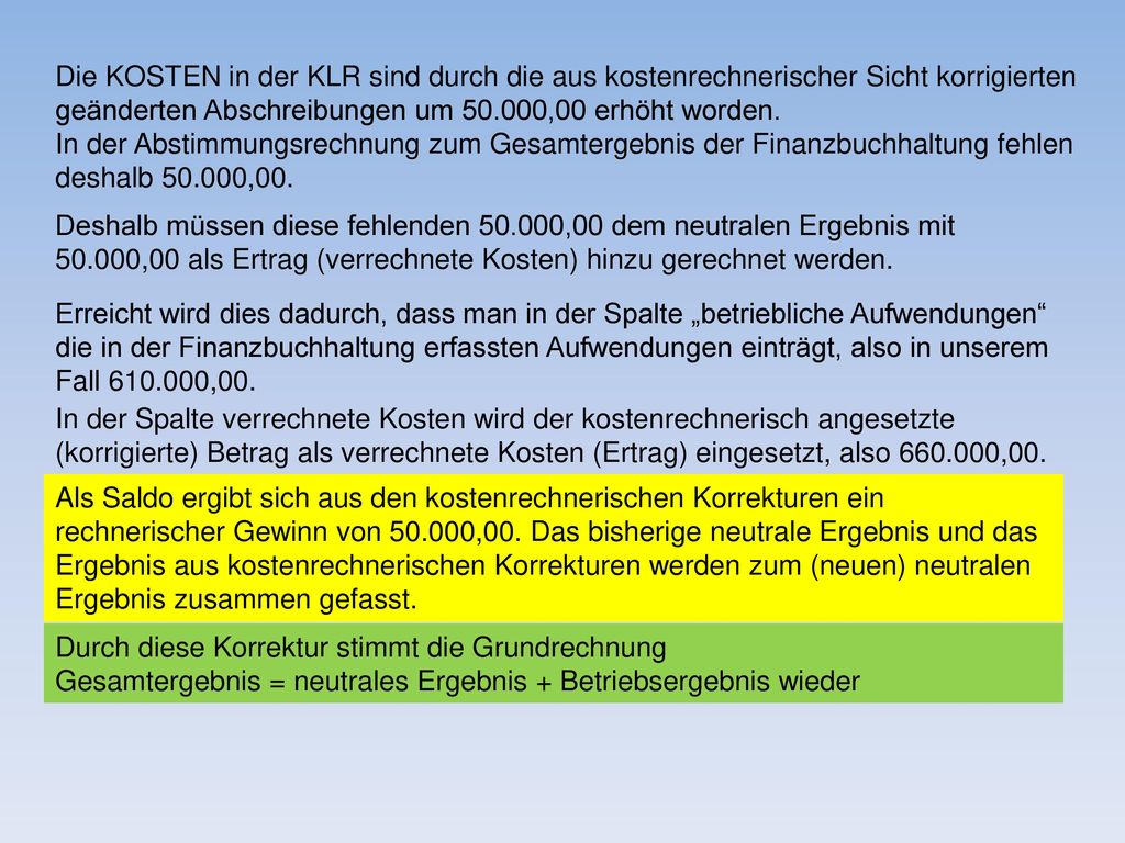 Die KOSTEN in der KLR sind durch die aus kostenrechnerischer Sicht korrigierten geänderten Abschreibungen um ,00 erhöht worden.