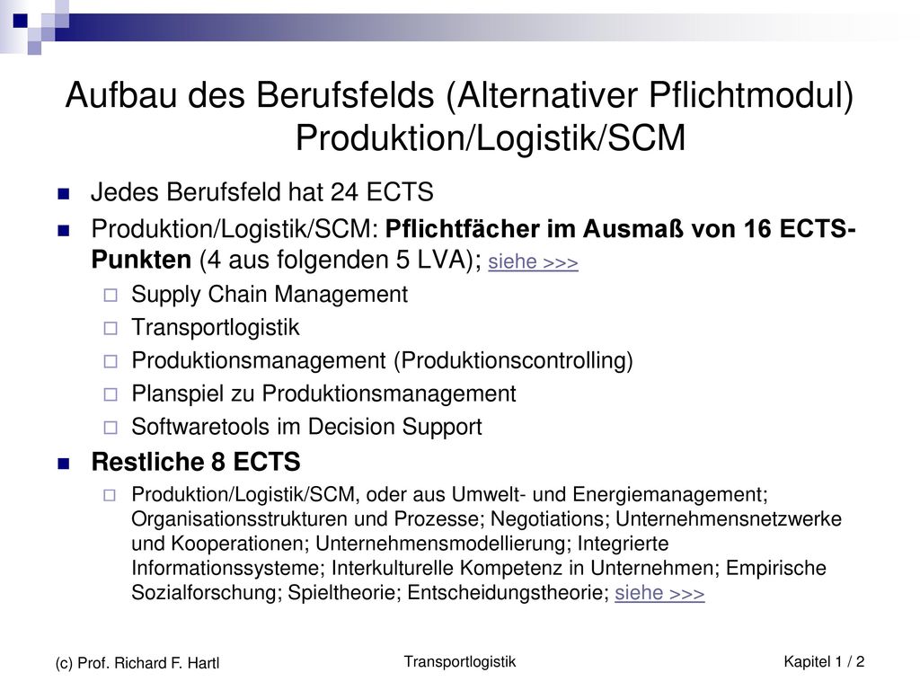 Aufbau des Berufsfelds (Alternativer Pflichtmodul) Produktion/Logistik/SCM