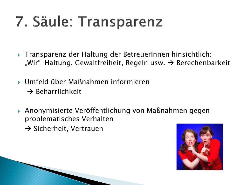7. Säule: Transparenz Transparenz der Haltung der BetreuerInnen hinsichtlich: „Wir -Haltung, Gewaltfreiheit, Regeln usw.  Berechenbarkeit.