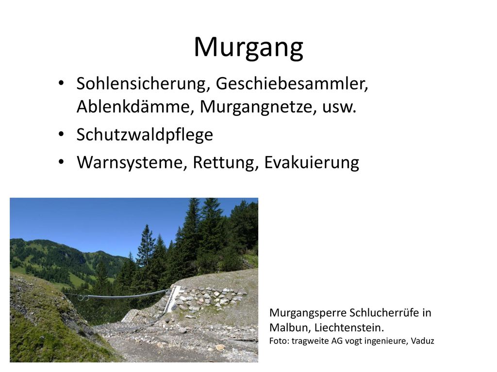 Murgang Sohlensicherung, Geschiebesammler, Ablenkdämme, Murgangnetze, usw. Schutzwaldpflege. Warnsysteme, Rettung, Evakuierung.